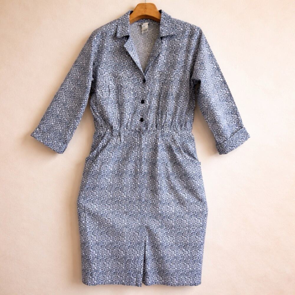 Vintage Taurus II Blue Floral Midi Cotton Shirt Dress 80s SZ 12 Union Made USA